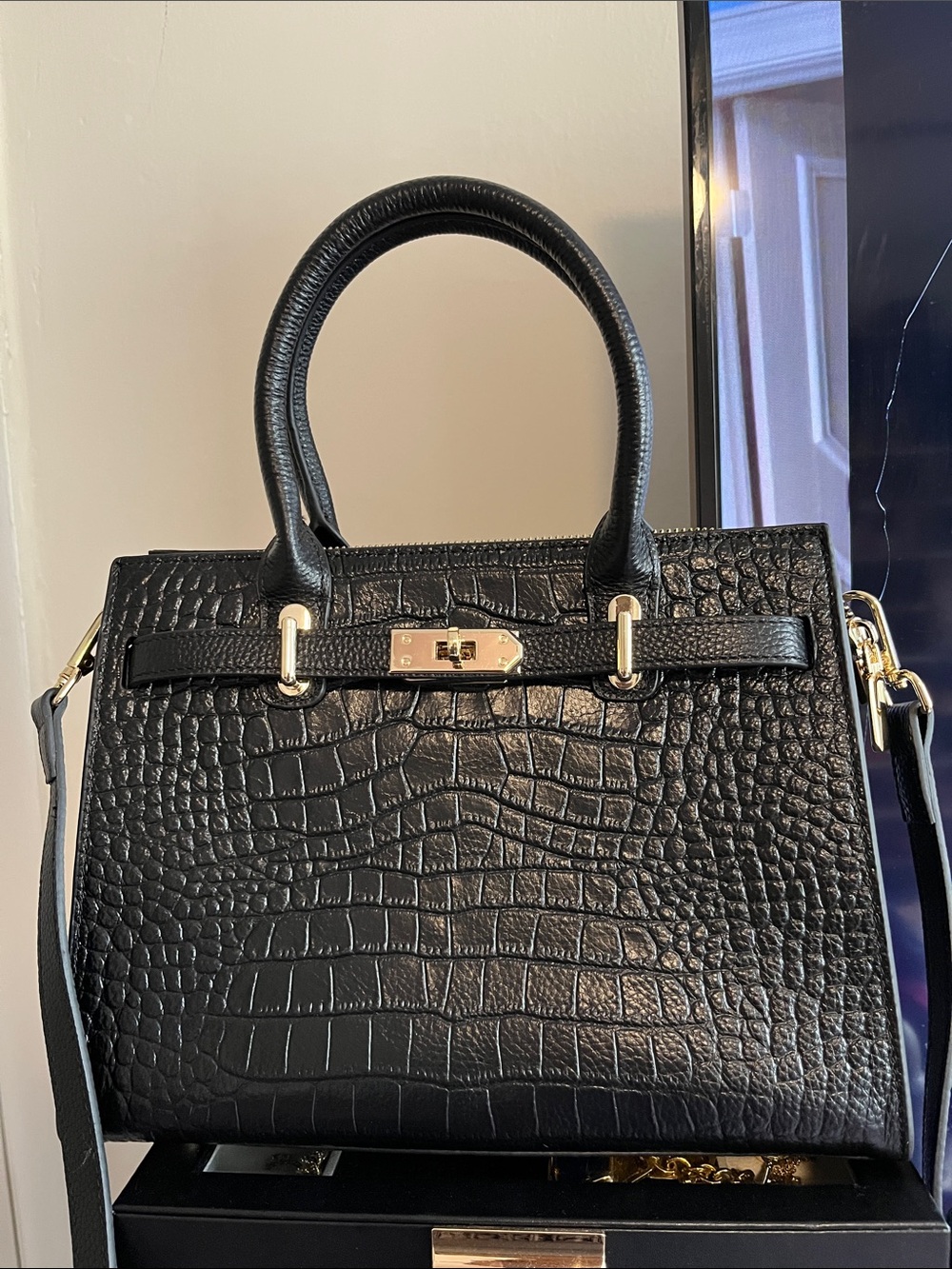 Black Croc-Embossed Satchel with Gold Accents